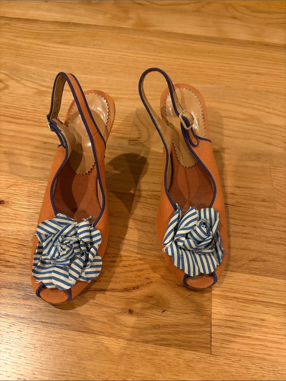 Marni Orange Slingback Sandals with Blue-White Striped Flower